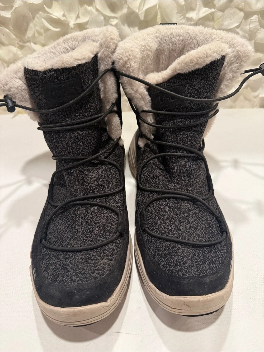 Ryka Black Knit Winter Boots with Cream Faux-Fur Collar